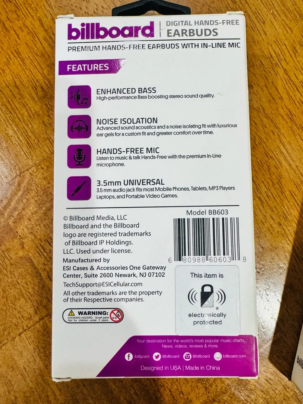 Billboard Stereo In-Ear Earbuds - 3 pair Black, Purple and Pink New